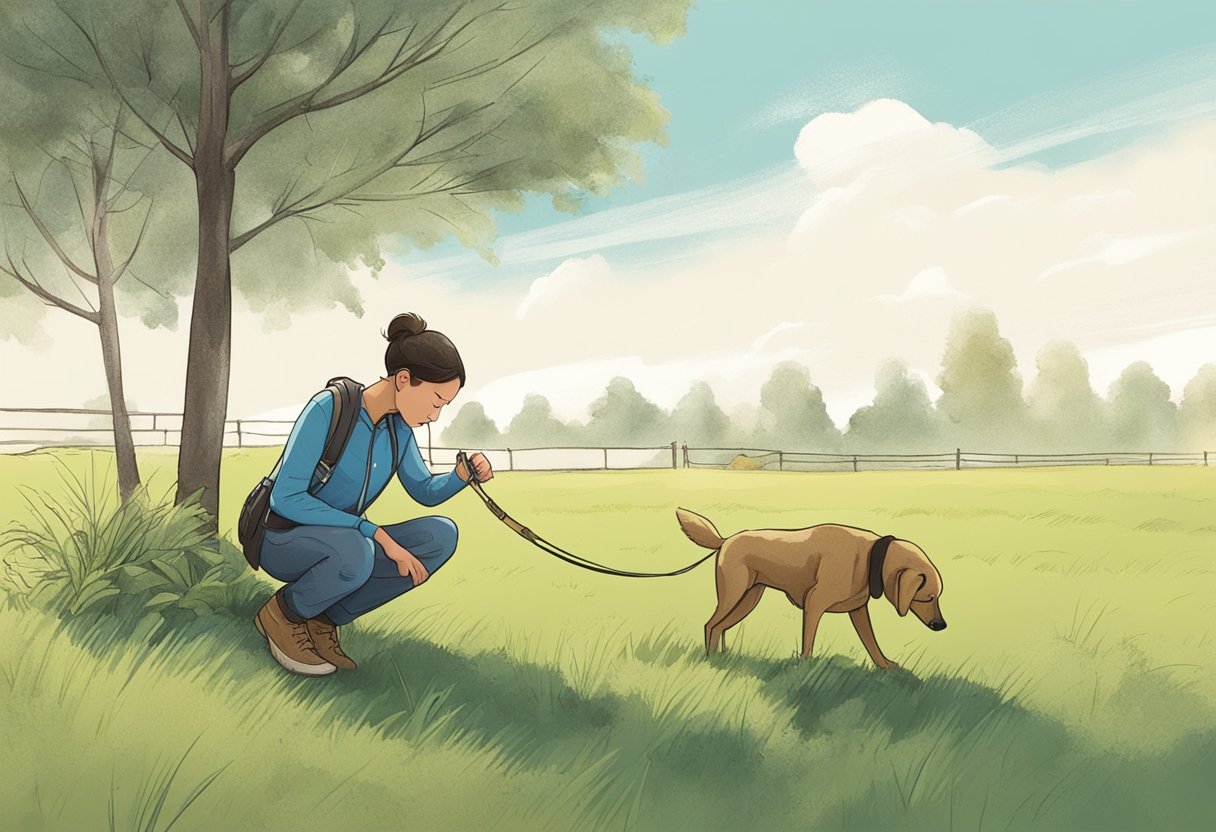 A dog sniffs at a pile of poop in the grass, while a person stands nearby, holding a leash and looking concerned