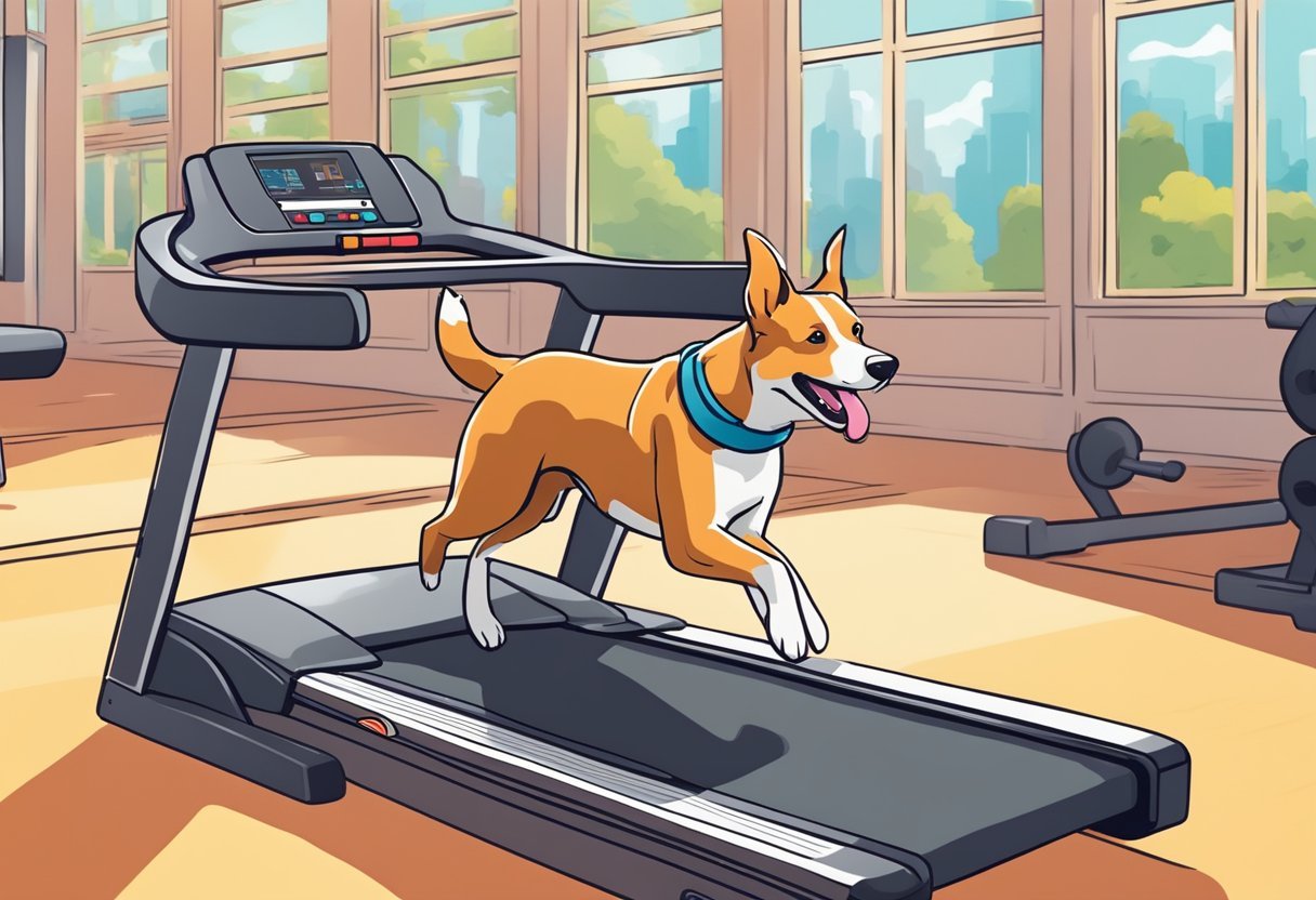 A dog happily running on a treadmill, tongue out and tail wagging, with a backdrop of a vibrant and energetic gym setting