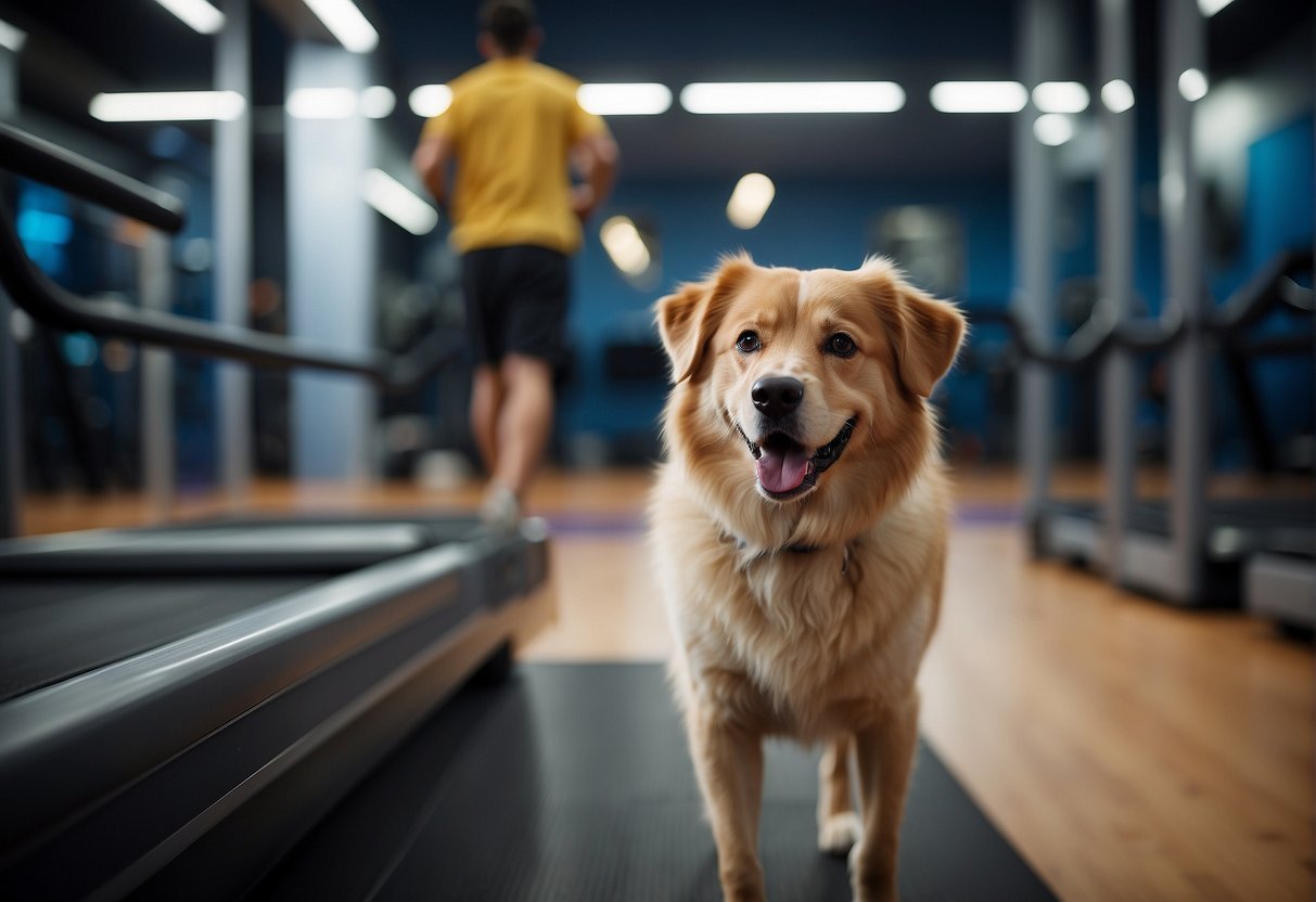 A dog walks confidently on the treadmill, tail wagging. Its owner stands nearby, giving encouraging gestures