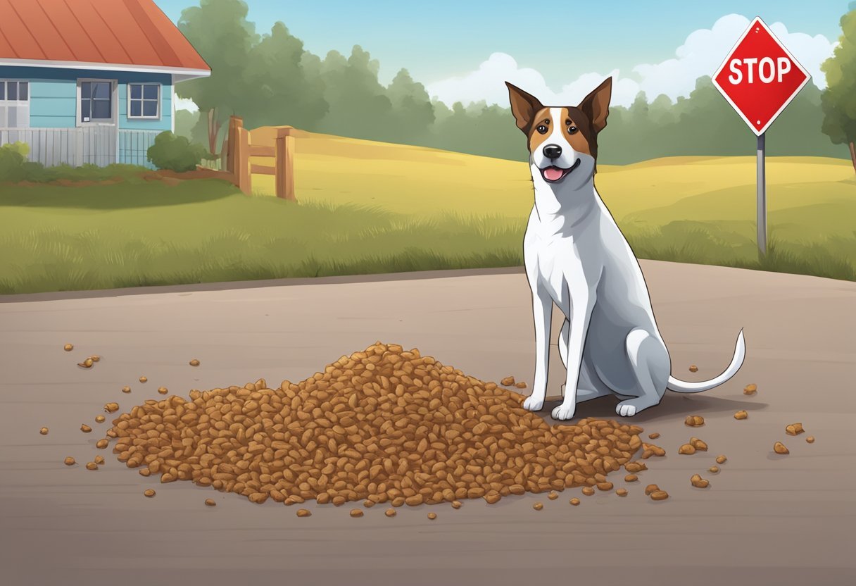 A dog standing near a pile of poop with a red stop sign and a bowl of dog food nearby