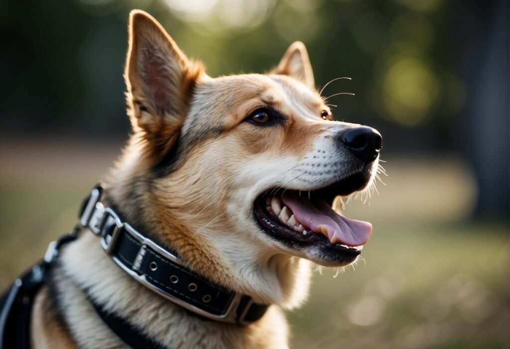 A dog wearing a shock collar with metal prongs around its neck, looking distressed and uncomfortable