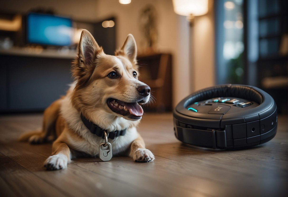 A dog happily responds to a trainer's positive reinforcement, while a discarded shock collar lies in the background