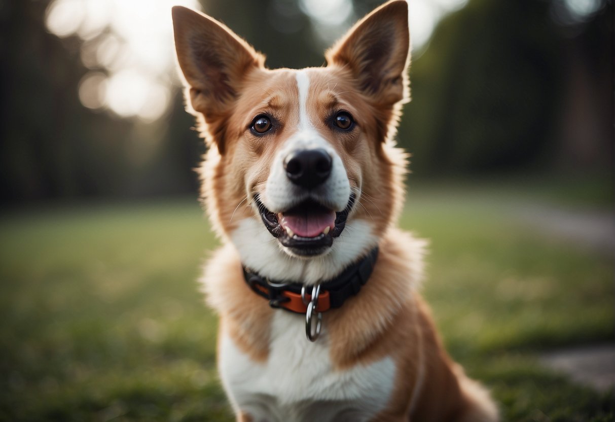 A dog wearing a shock collar looks startled, with ears pinned back and tail tucked between its legs