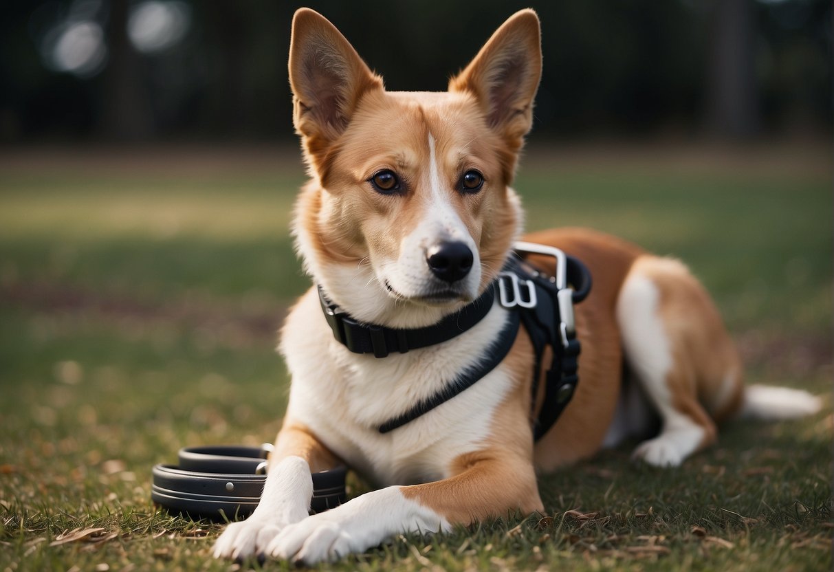 A dog wearing a shock collar with trainers discussing its effectiveness