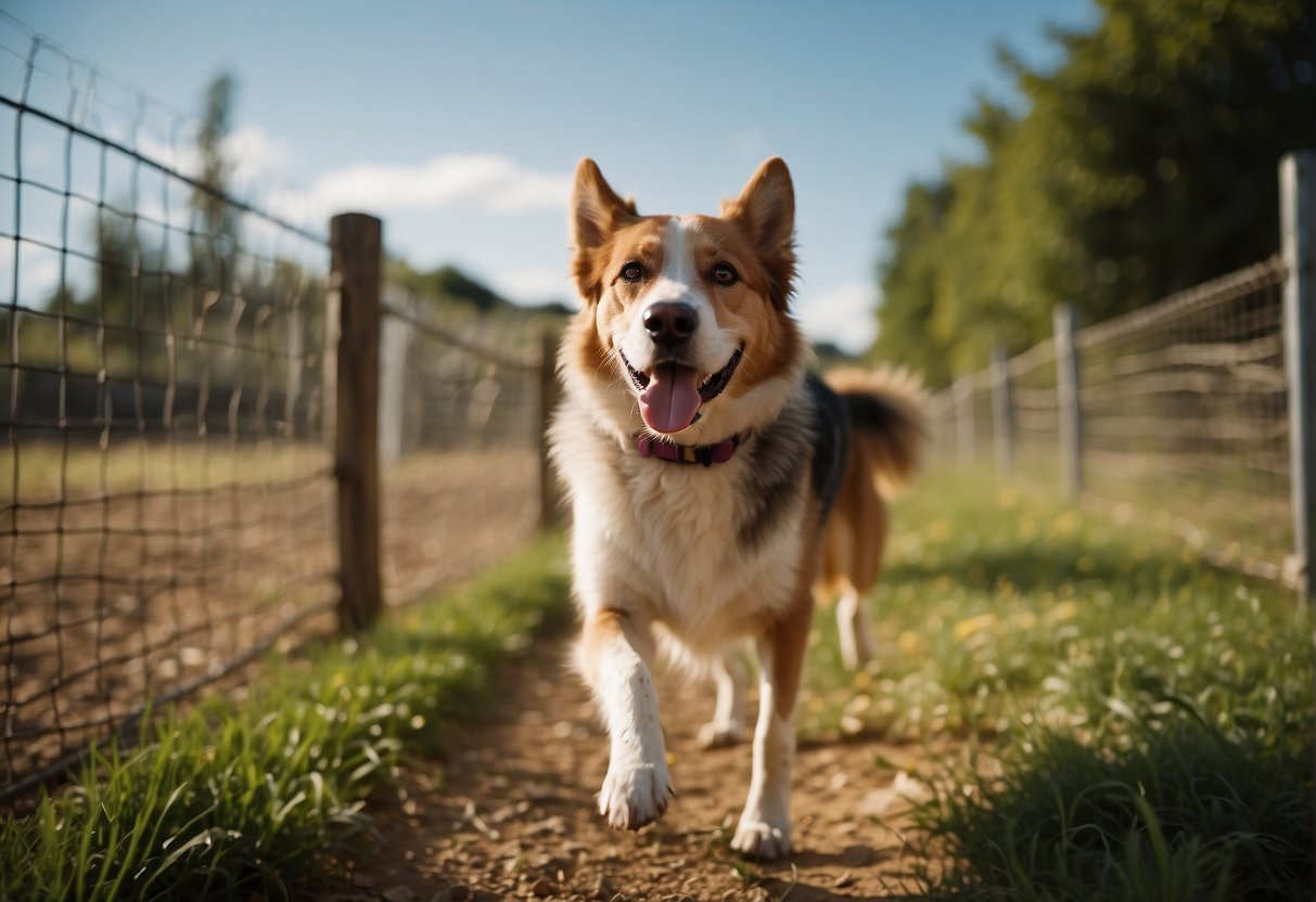 A dog sits in a yard, wearing a wireless fence collar. The dog approaches the fence boundary and stops as it receives a warning signal