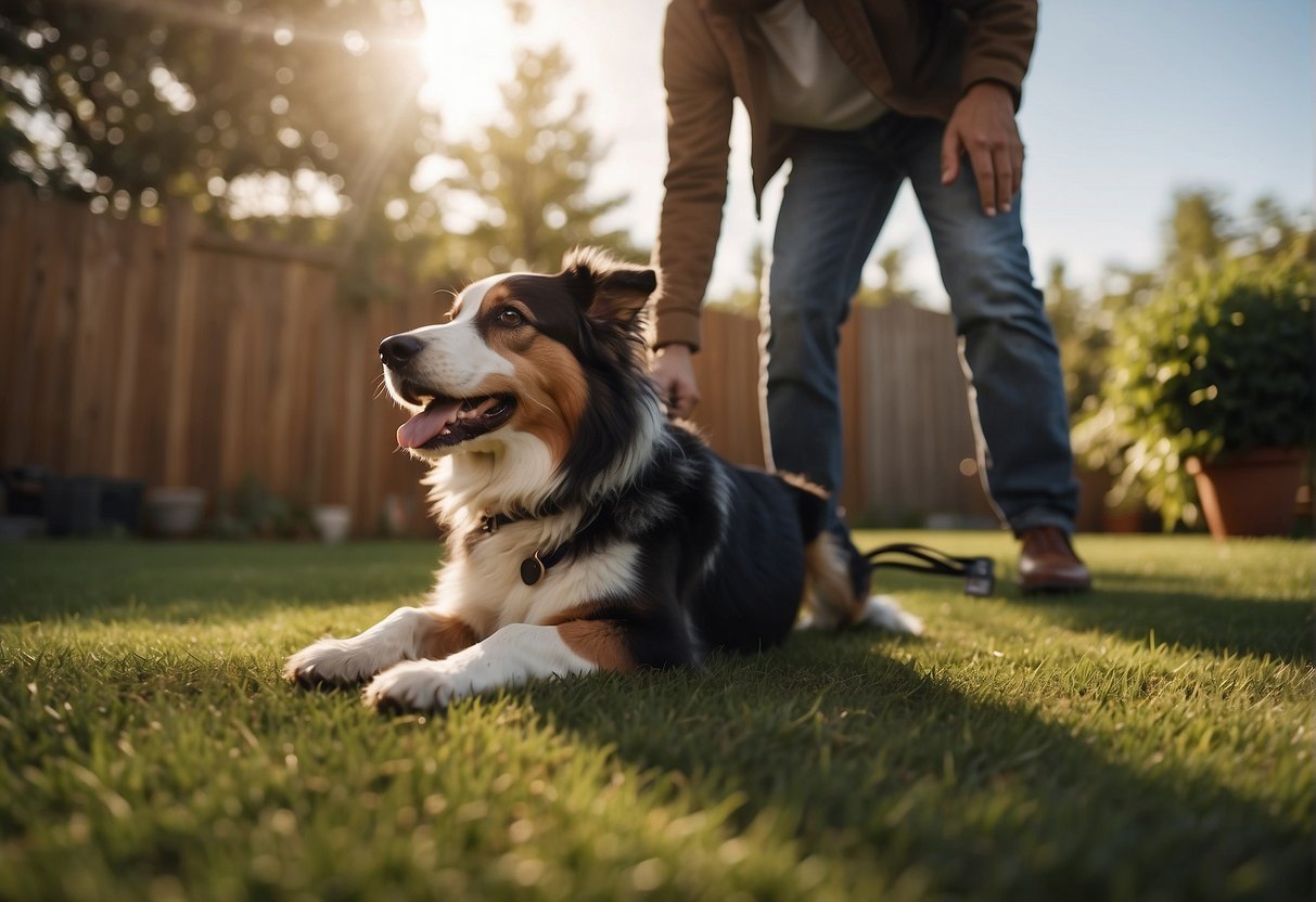 A dog owner setting up a wireless fence in a spacious backyard, placing the transmitter and adjusting the boundaries while their dog eagerly watches