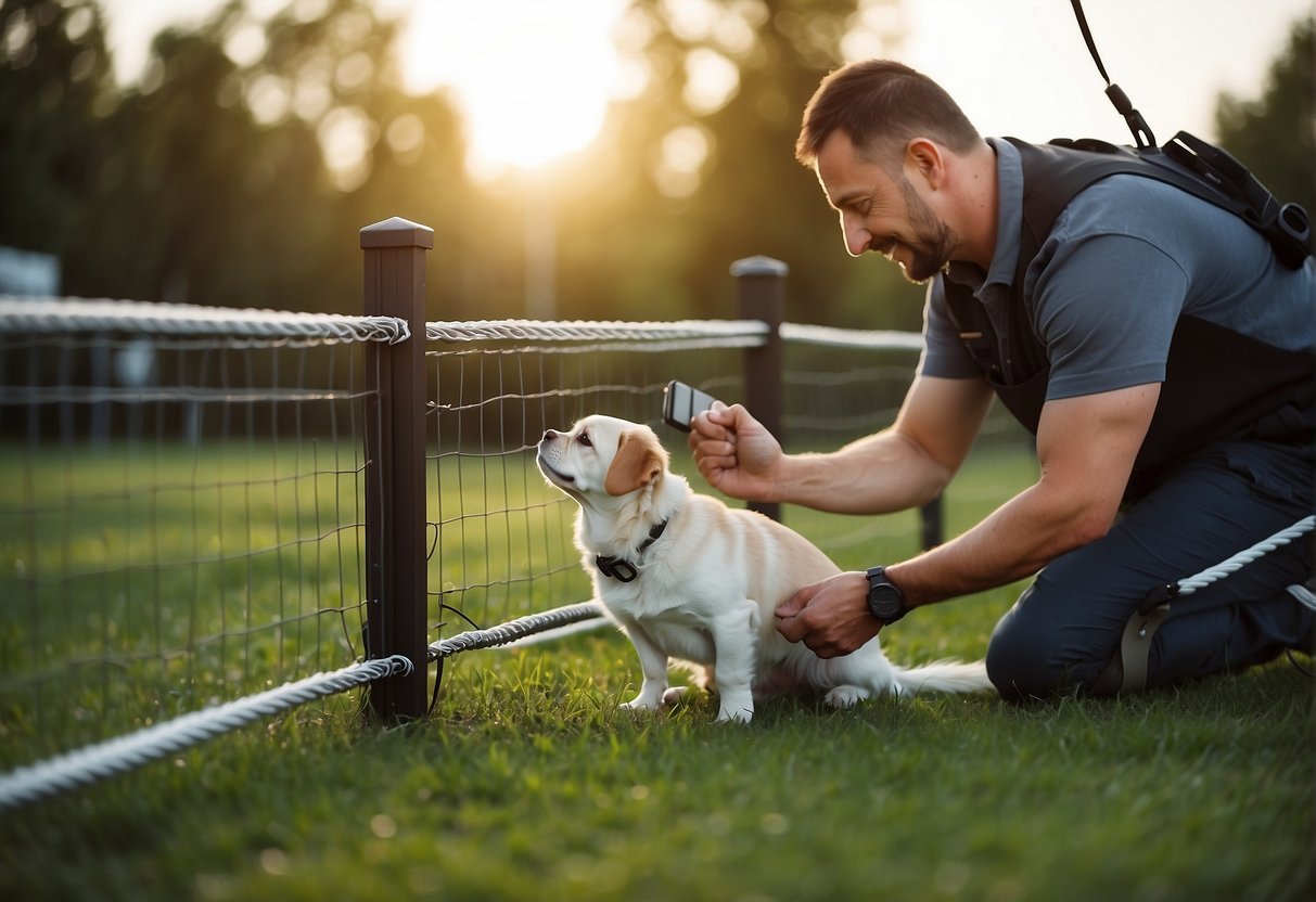 A technician installs a wireless dog fence, placing boundary flags and setting up the control unit