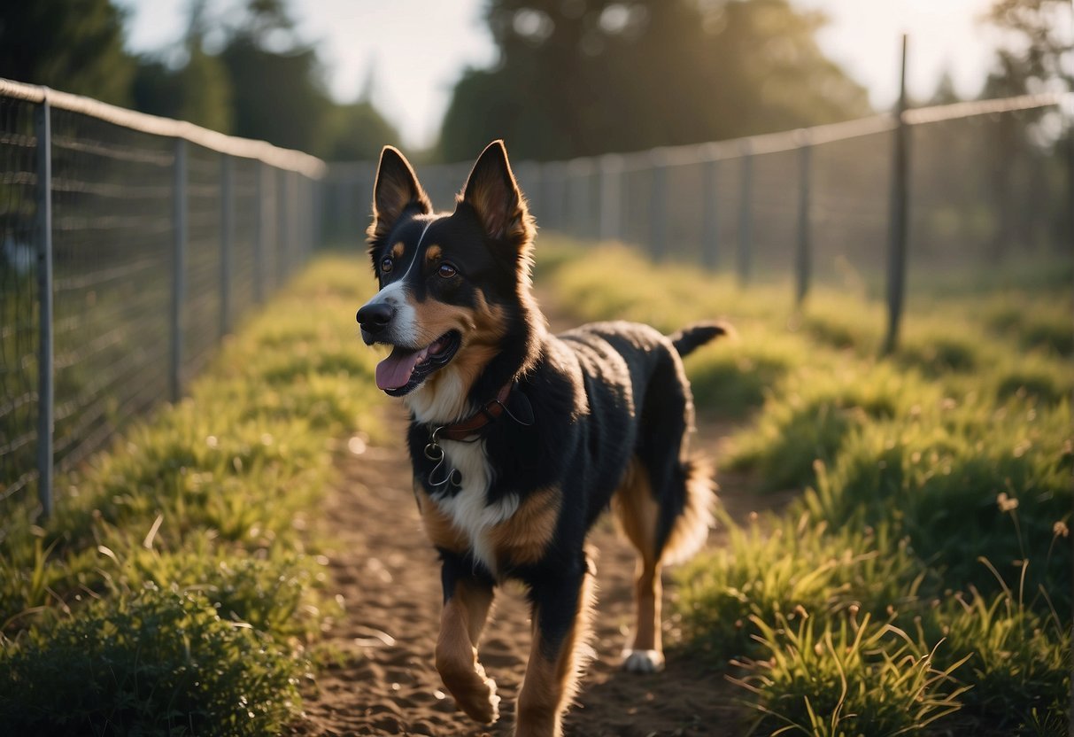 A dog happily roams within the boundary of a wireless fence, with no physical barriers in sight