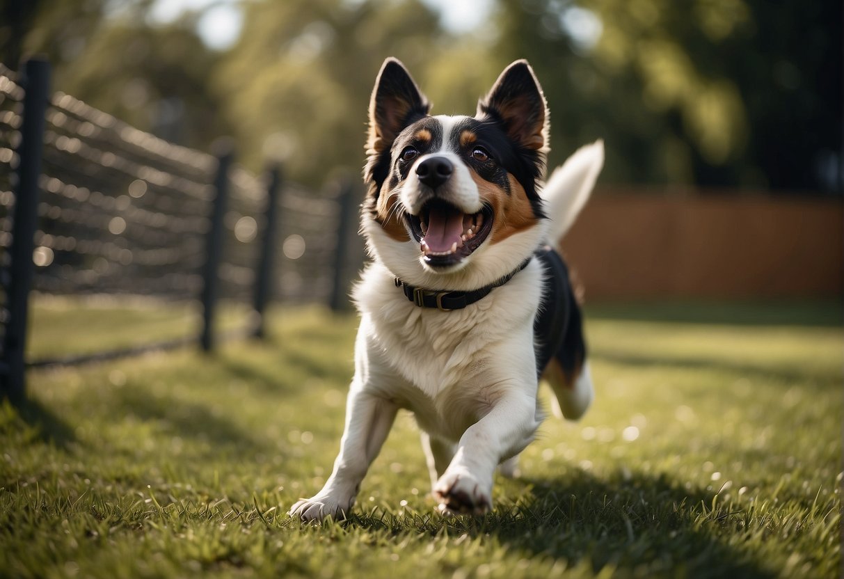 A happy dog playing freely in a yard surrounded by a wireless dog fence, enjoying the freedom and safety it provides