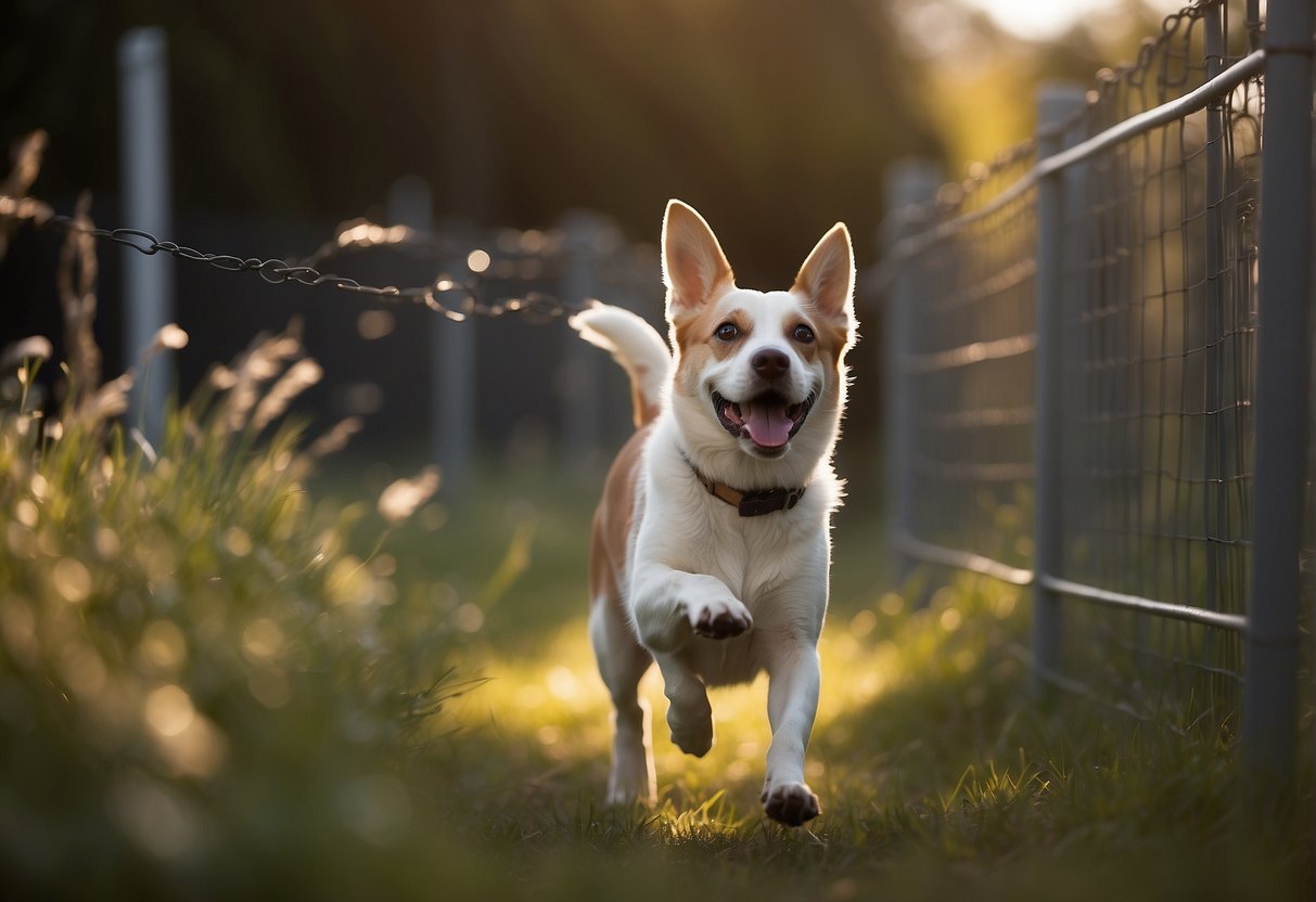 A dog happily roams within the invisible boundaries of a wireless dog fence, while a small transmitter emits a signal to keep the pet safe