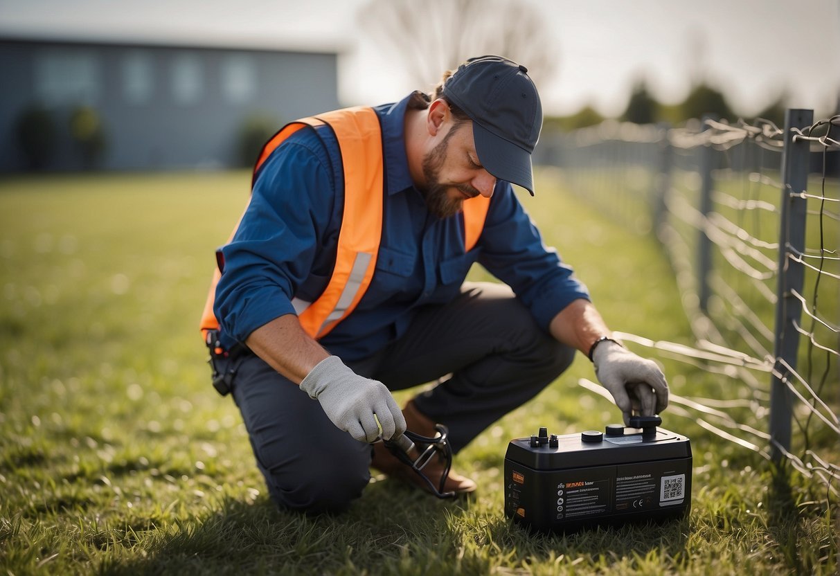 A technician checks the battery life of a wireless dog fence, performing maintenance on the unit