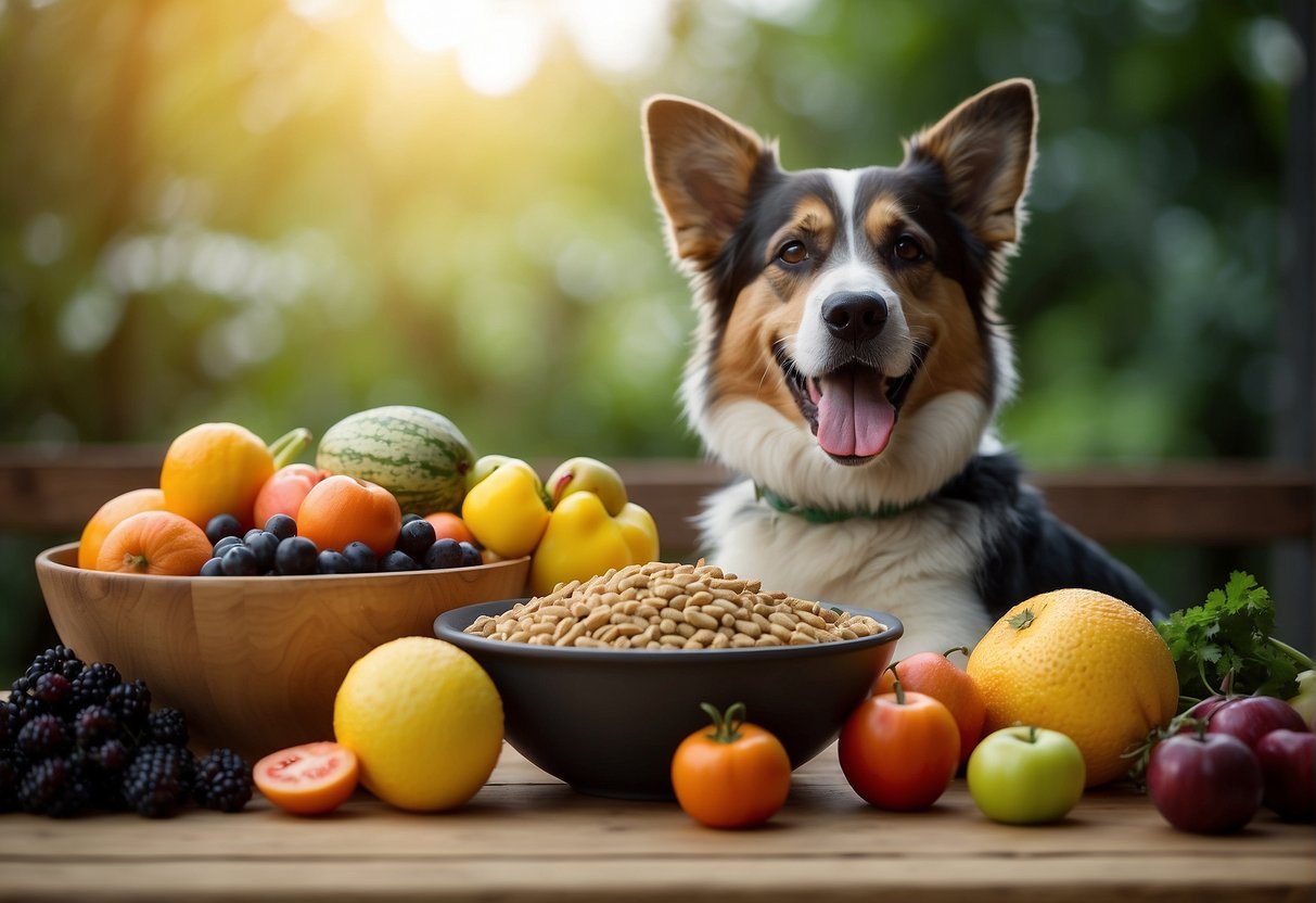 Fresh fruits and vegetables laid out on a wooden table, with a dog bowl filled with air-dried dog food next to a happy, healthy-looking dog