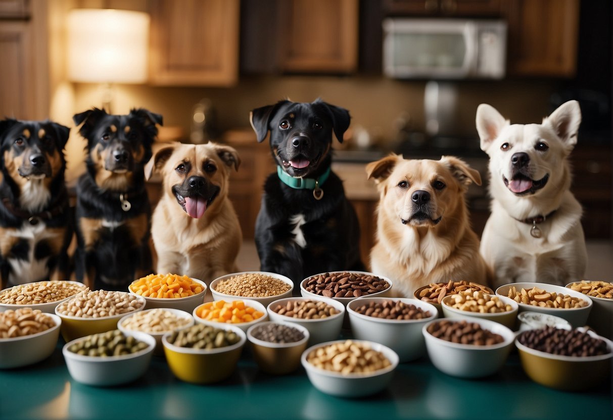 Katherine Heigl's dogs surround various dog food brands, sniffing and inspecting each one before making their choice