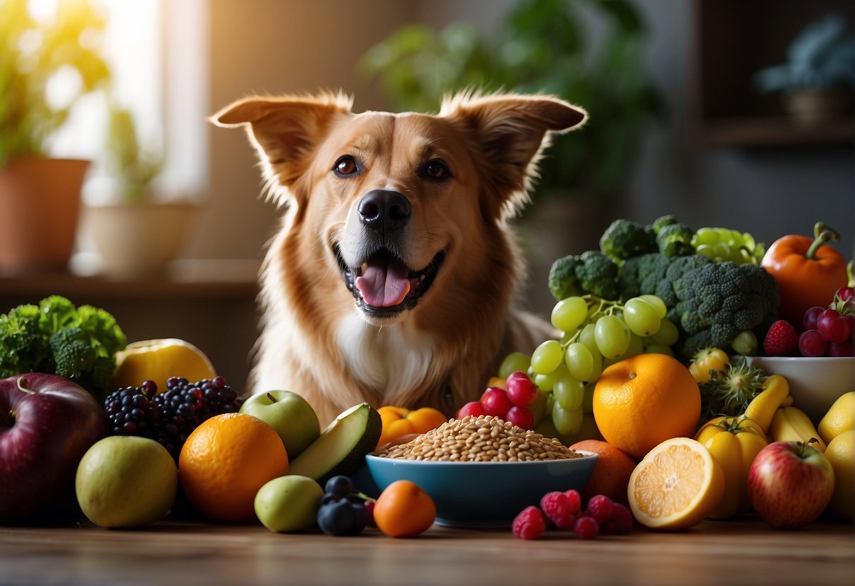 A colorful array of nutrient-rich fruits, vegetables, and grains are scattered around a shiny bowl of Katherine Heigl's superfood dog food