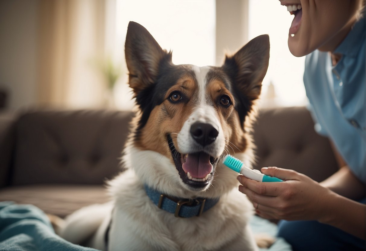 A dog sits calmly as its owner brushes its teeth with a specialized dog toothbrush, focusing on the pet's dental needs