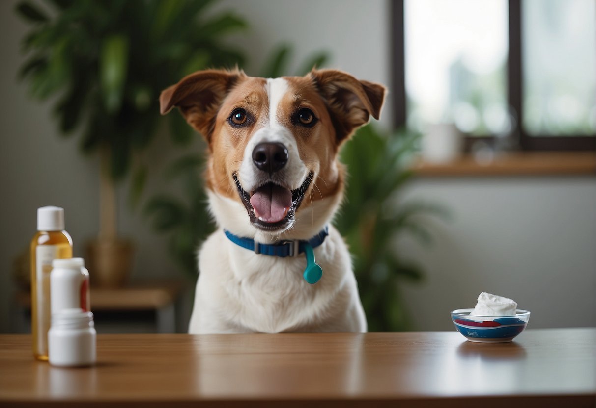 A dog holding a toothbrush in its mouth, standing next to a tube of toothpaste and a bowl of water