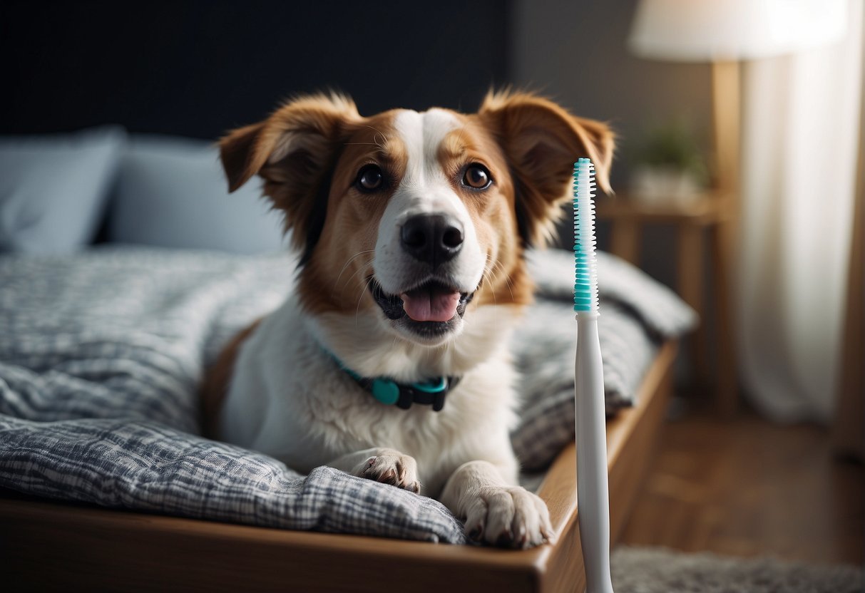 A dog stands in front of a display of toothbrushes, sniffing and selecting the right one with its nose