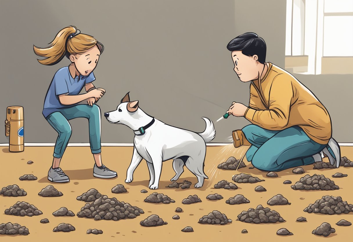 A dog sniffs at a pile of poop, while a person sprays a deterrent spray nearby