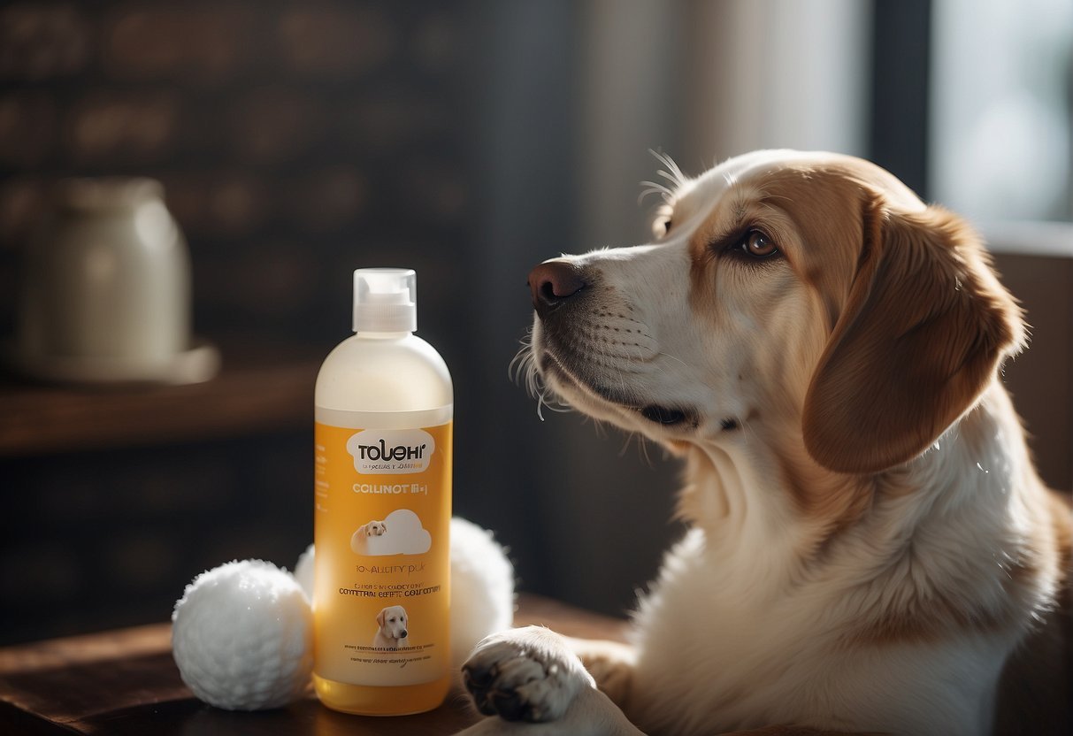 A dog with floppy ears sits calmly as its owner gently cleans its ears with a cotton ball and ear cleaning solution