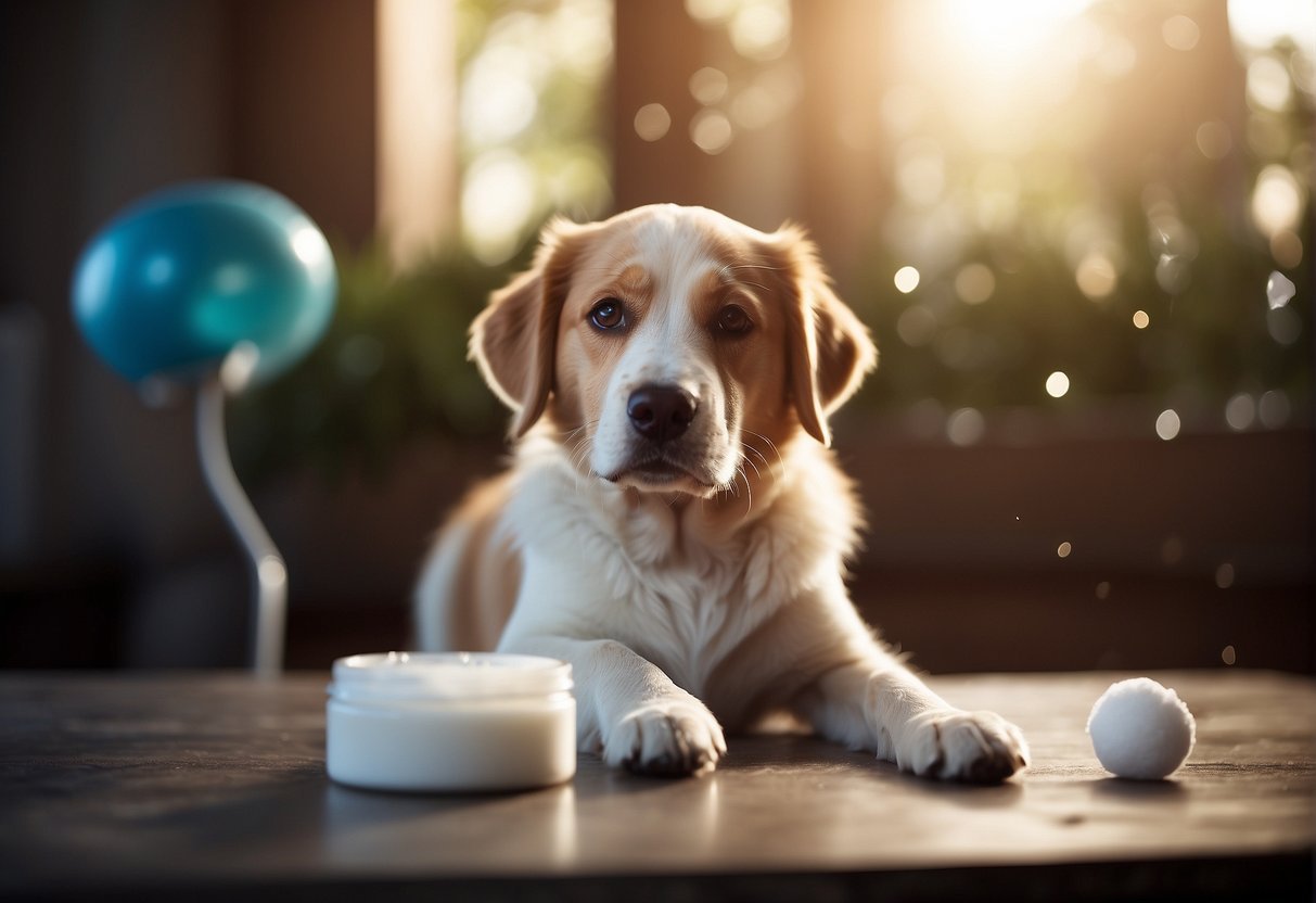 A dog with floppy ears sits calmly as its owner gently cleans its ears with a cotton ball and ear cleaning solution