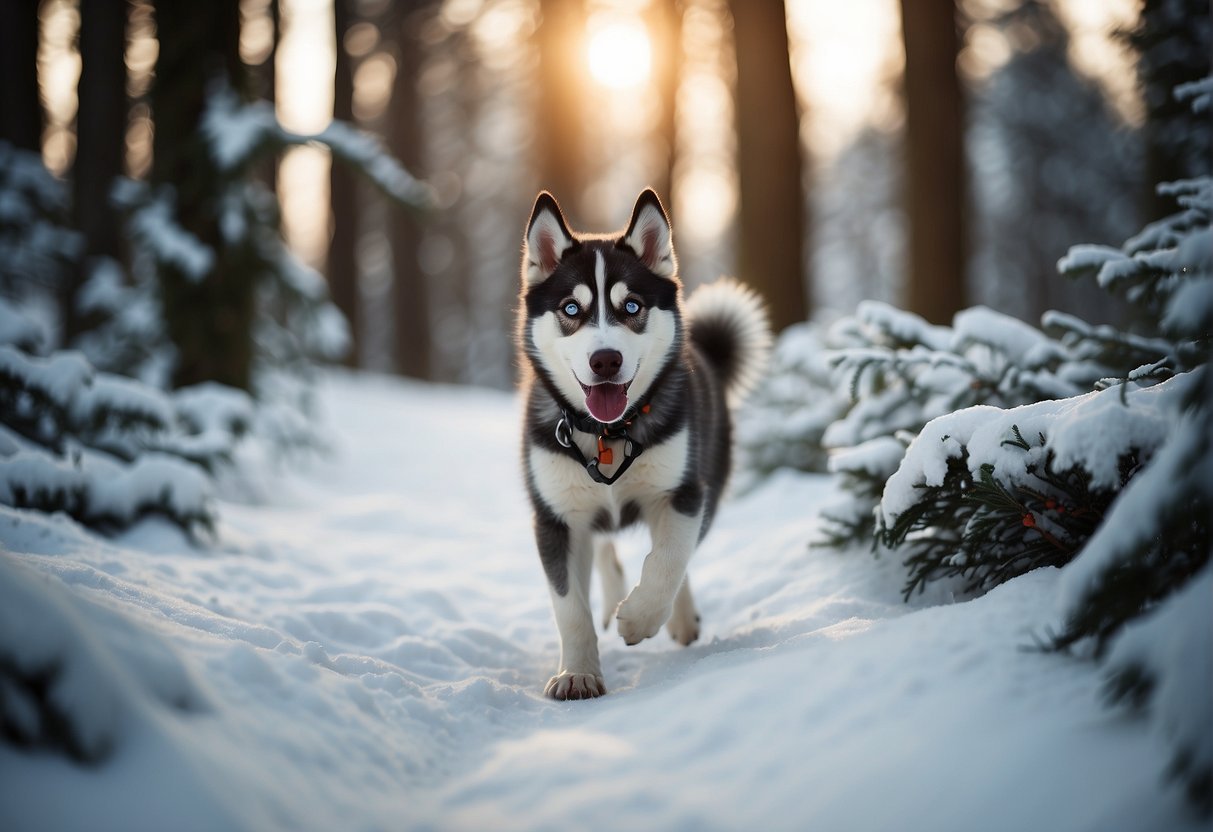 A husky puppy romps through a snowy forest, tongue lolling and tail wagging, with bright, curious eyes