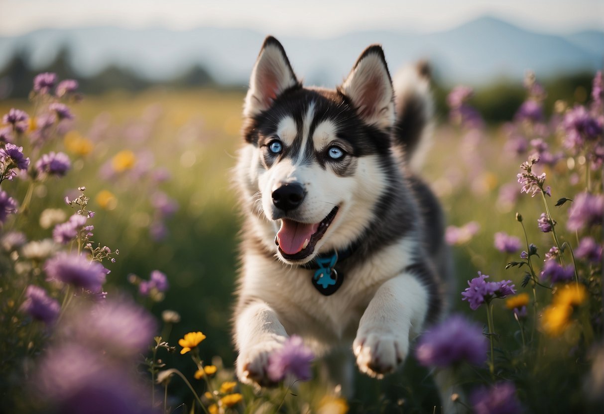 A lively husky puppy frolics in a field of vibrant flowers, exuding energy and vitality