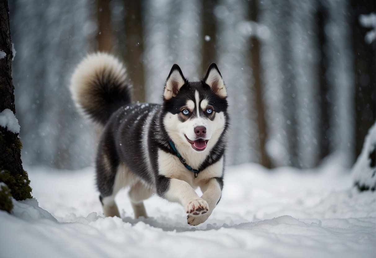 A playful husky puppy chasing its tail in a snowy forest clearing