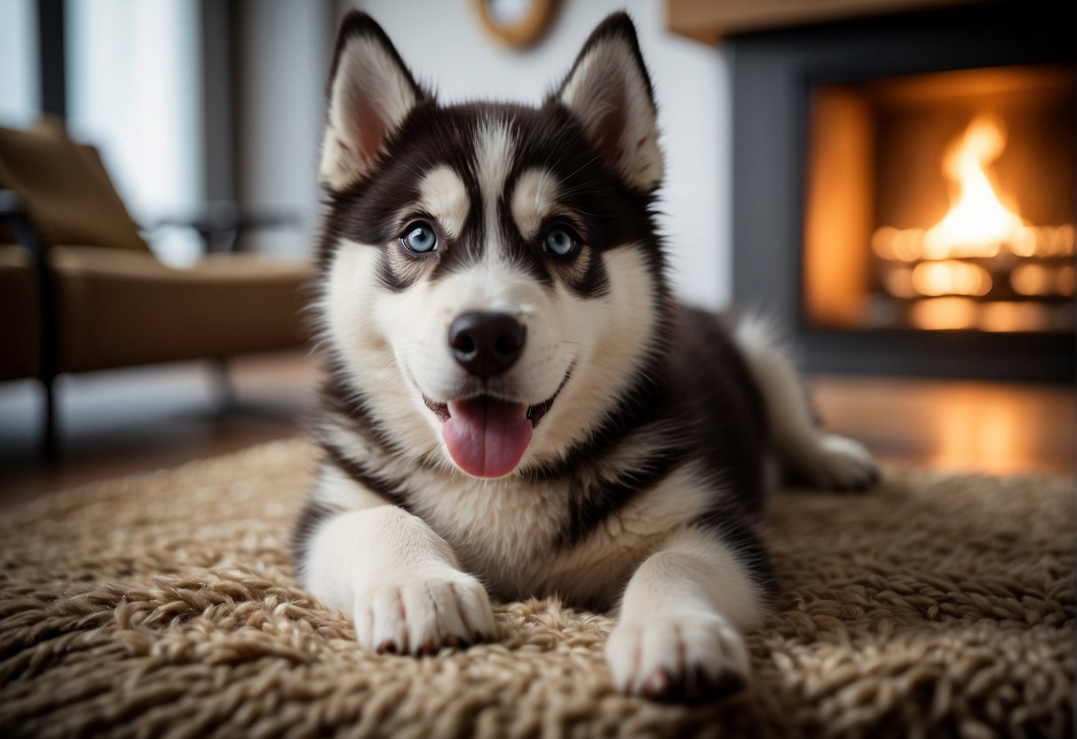 A husky puppy is being adopted and bred in a cozy living room with a warm fireplace and a loving family