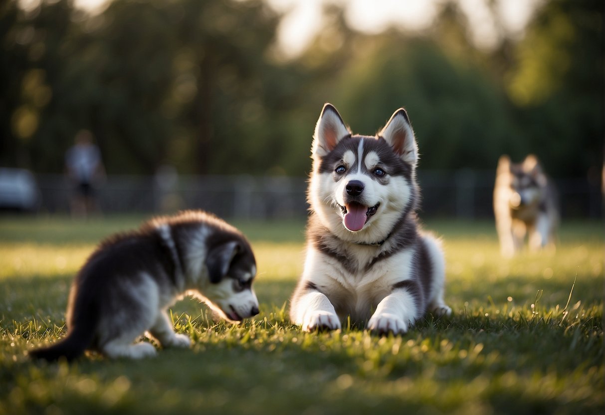 A husky puppy plays with other dogs, while a trainer oversees their socialization and obedience training