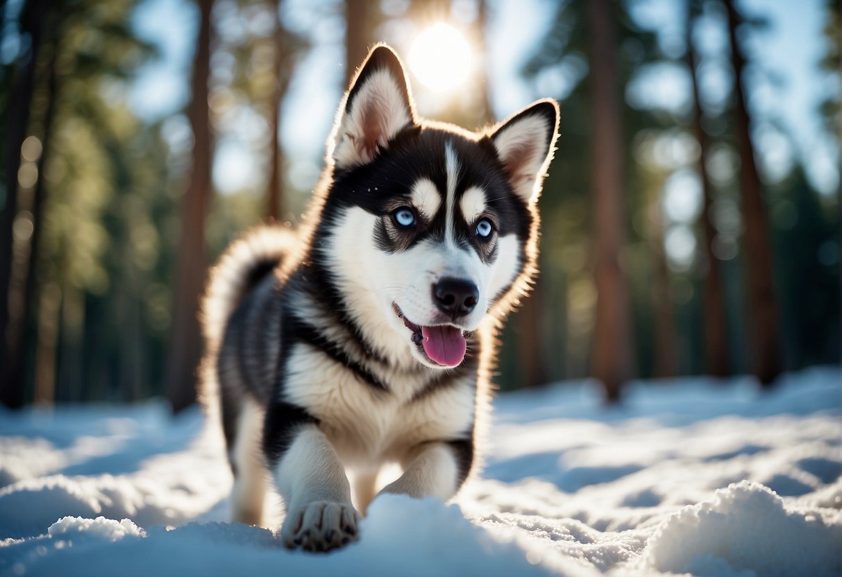 A husky puppy playing in a snow-covered forest, surrounded by tall pine trees and a clear blue sky