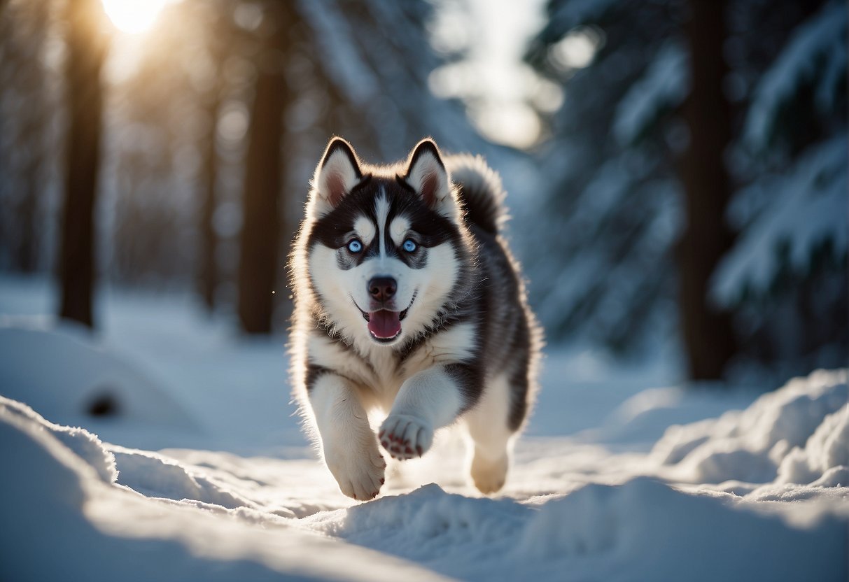 A fluffy, energetic husky puppy with a thick coat and bright blue eyes, playfully bounding through a snowy forest