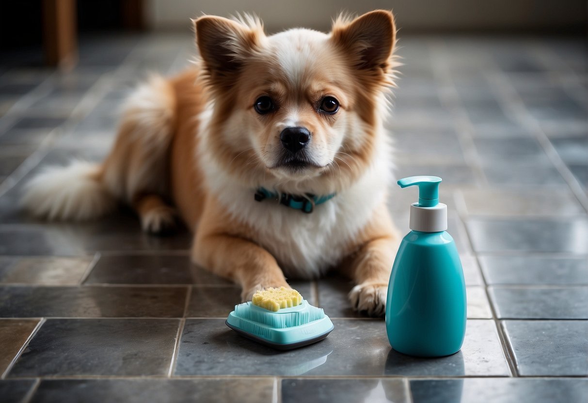 A dog paw cleaner sits on a clean, tiled floor surrounded by a leash, brush, and treats