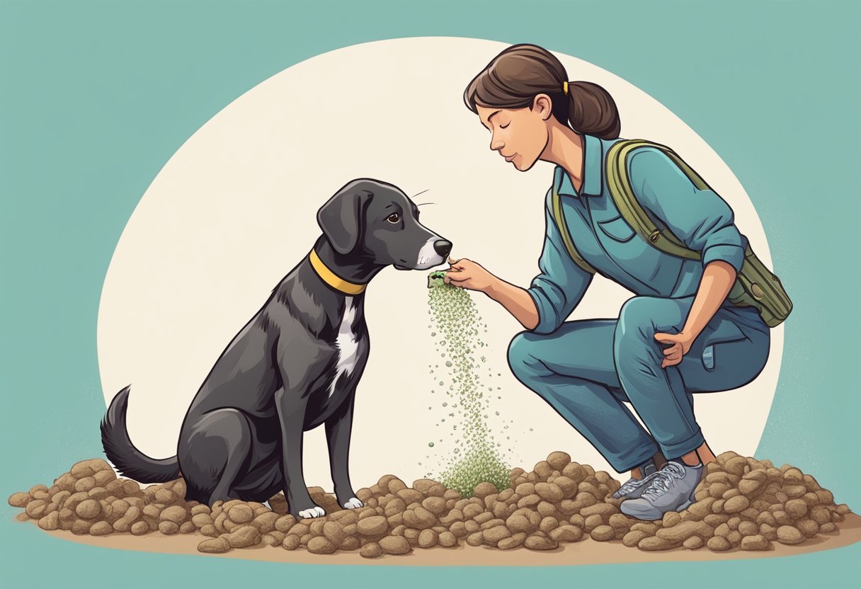 A dog sniffs at a pile of poop, then a person sprays it with a deterrent spray, causing the dog to back away