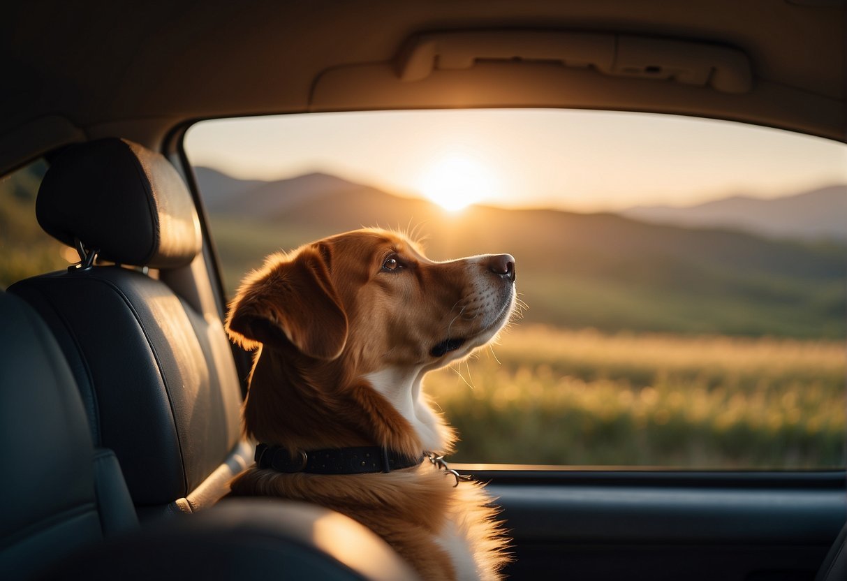 A loyal dog gazes out a car window, ears flapping in the wind, as the sun sets behind a backdrop of rolling hills