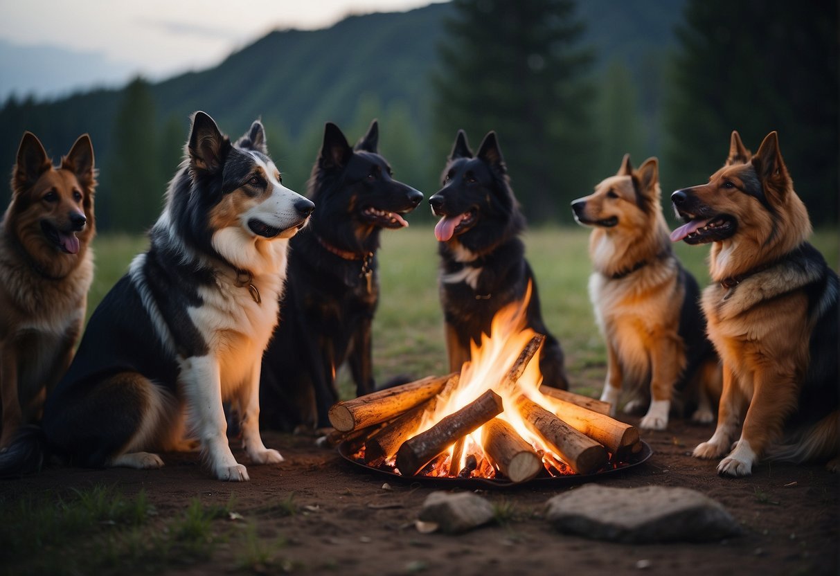 A pack of diverse dogs gather around a campfire, sharing stories and bonding under the stars