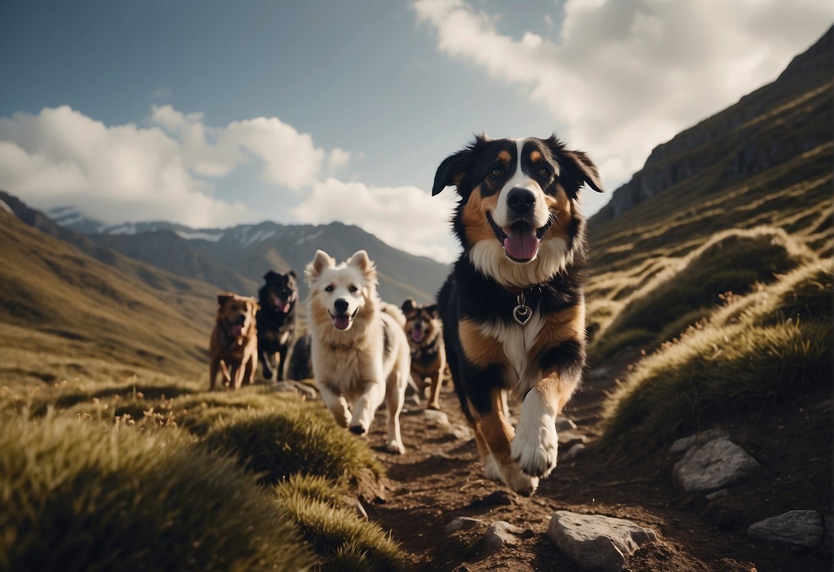 A brave dog leads a group through rugged terrain, facing danger and overcoming obstacles to save the day