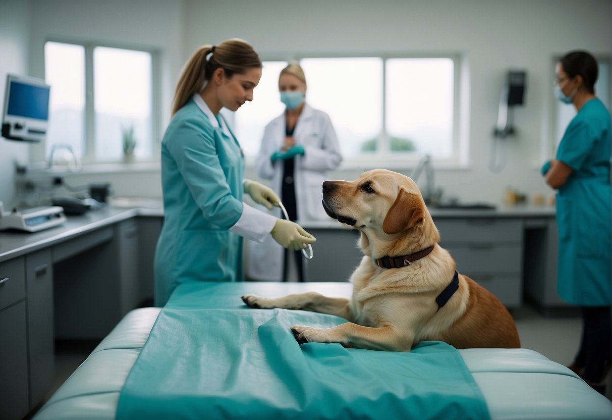 A labrador retriever dog is being examined by a veterinarian in a bright and clean lab setting. The dog is sitting calmly on the examination table while the vet listens to its heart with a stethoscope