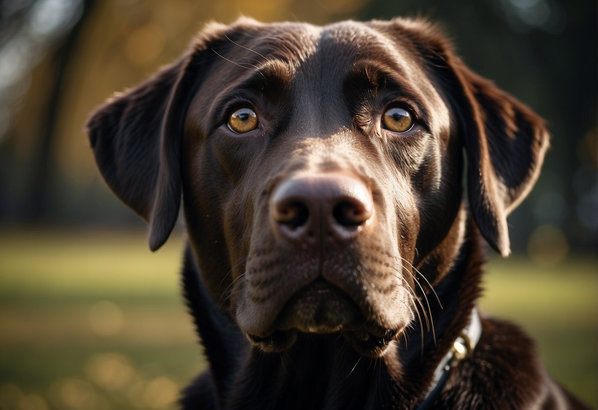 A labrador retriever stands tall with a broad head, strong neck, and powerful body. Its coat is dense and water-resistant, typically in shades of black, yellow, or chocolate