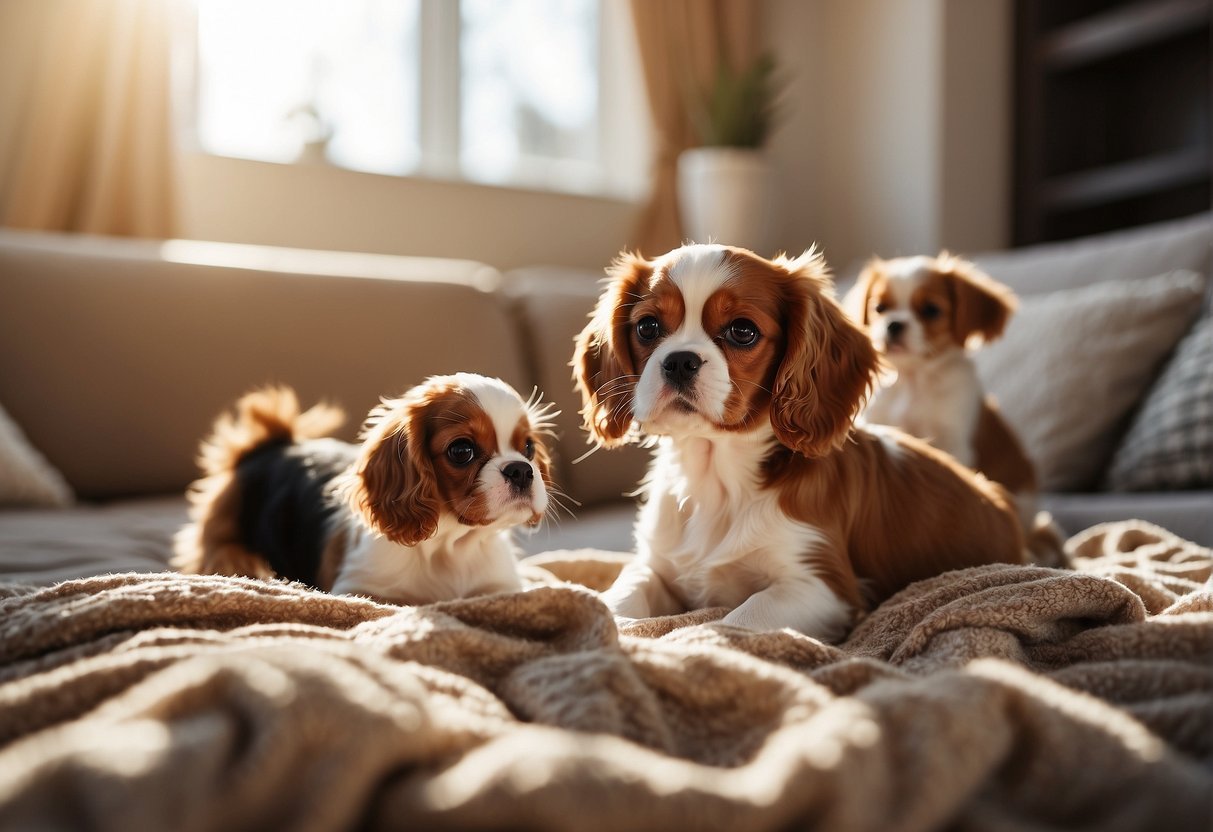 A group of elegant Cavalier King Charles Spaniels playfully frolic in a lush, green meadow, surrounded by blooming wildflowers and a gentle, flowing stream