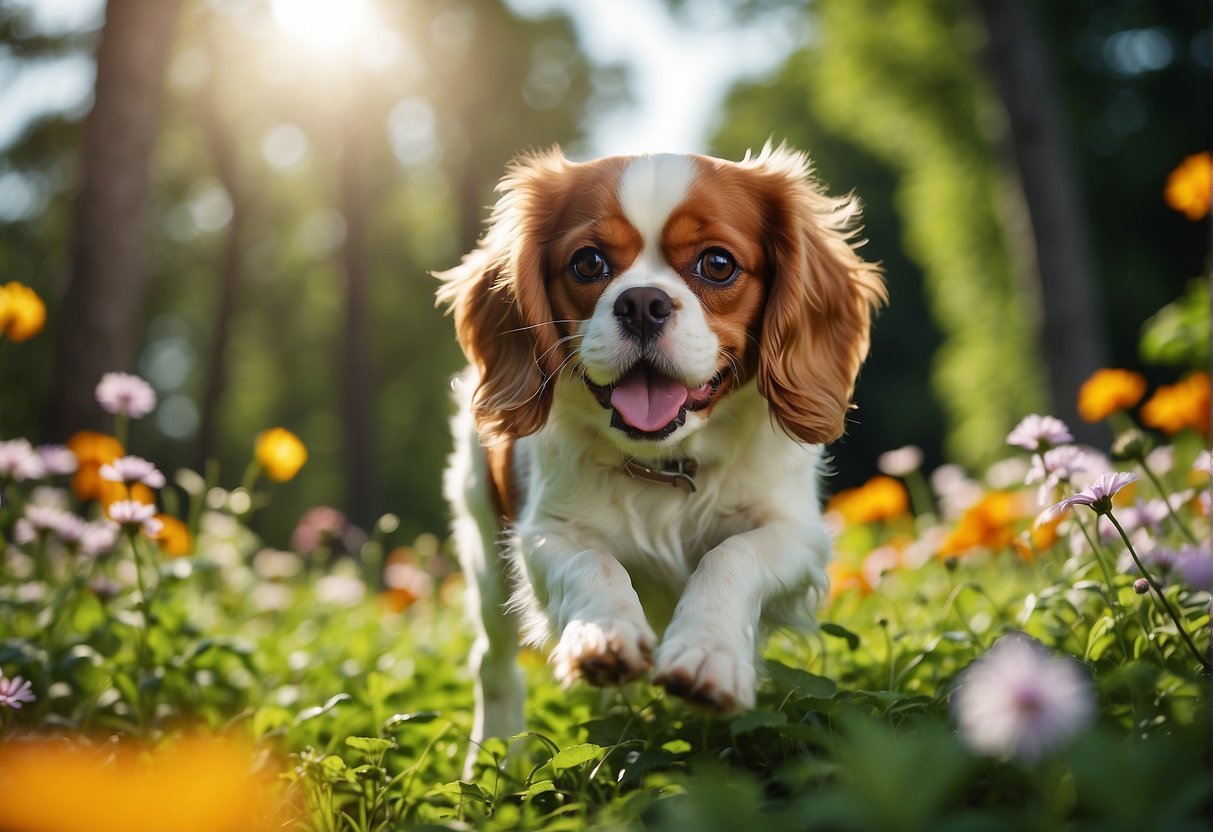 A Cavalier King Charles Spaniel is happily playing in a lush green park, surrounded by colorful flowers and tall trees, with a bright blue sky overhead