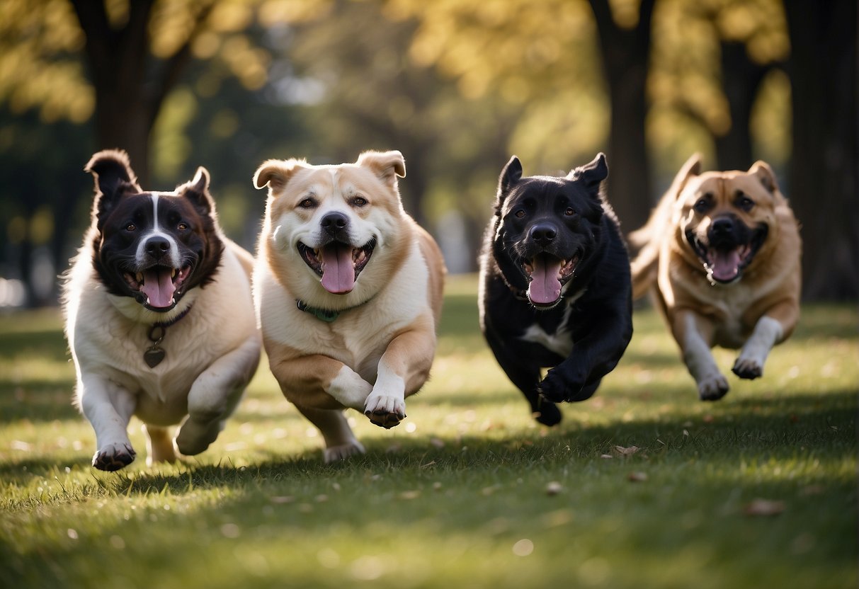 Several chubby dogs lounged in the sun, panting heavily. Their round bellies and pudgy legs made them look comically overweight