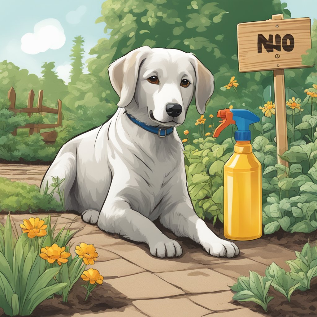 A dog digging in a garden, next to a bottle of repellent spray and a sign with "no digging" symbol