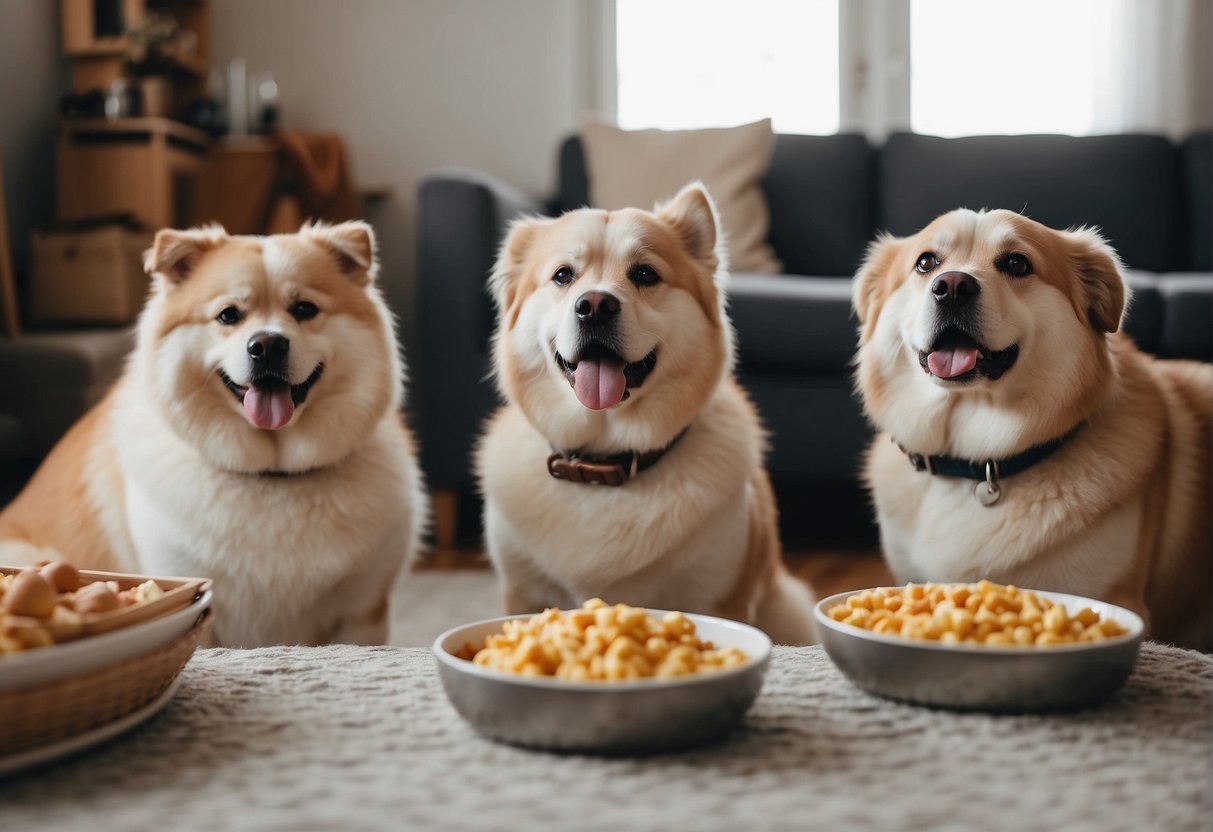 Three chubby dogs receiving portioned meals and exercise equipment in a cozy living room