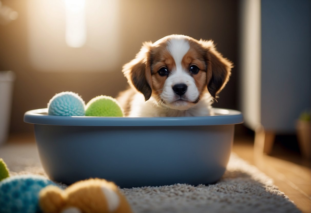 A playful puppy explores a cozy indoor space with a designated potty area, toys, and a comfortable bed