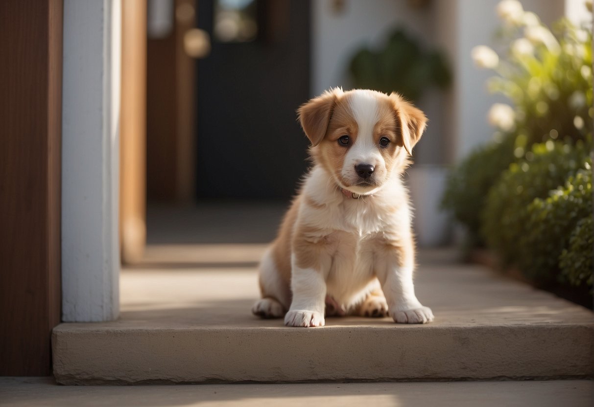 A puppy sits by the door, signaling to go outside. A reward awaits after successful potty time