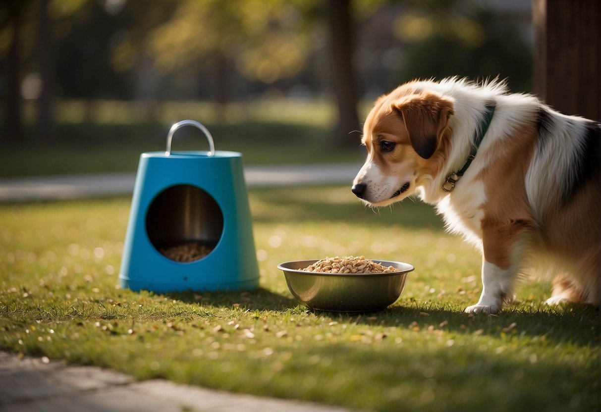 A dog eagerly eats from a bowl while a leash hangs nearby. A dog house sits in the background, surrounded by open space for exercise