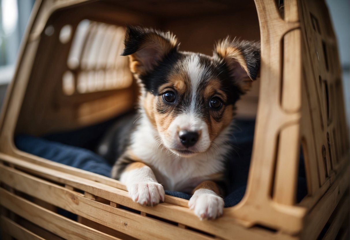 A small puppy sits inside a crate with a cozy bed and a water bowl. The crate is placed in a quiet corner of a room, away from any distractions