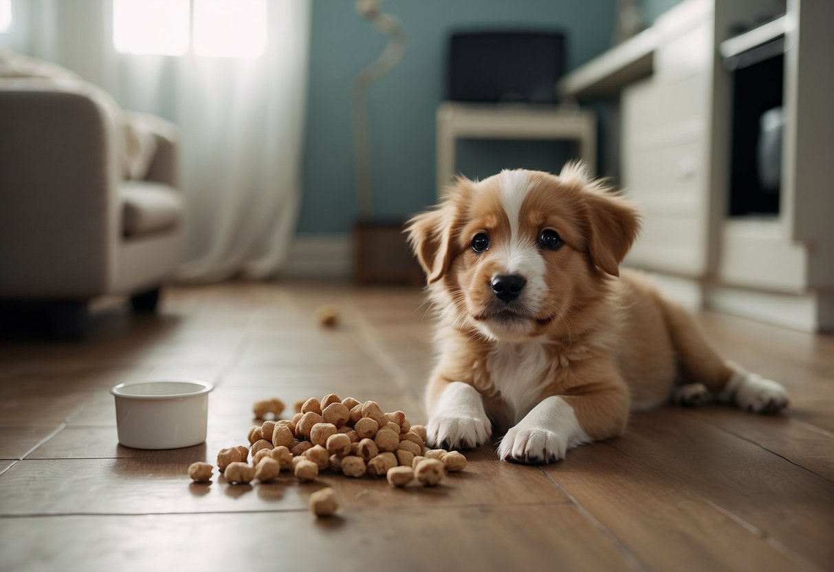 A puppy has made a mess on the floor, while another is successfully using a designated potty area. A person is rewarding the successful pup with treats and praise