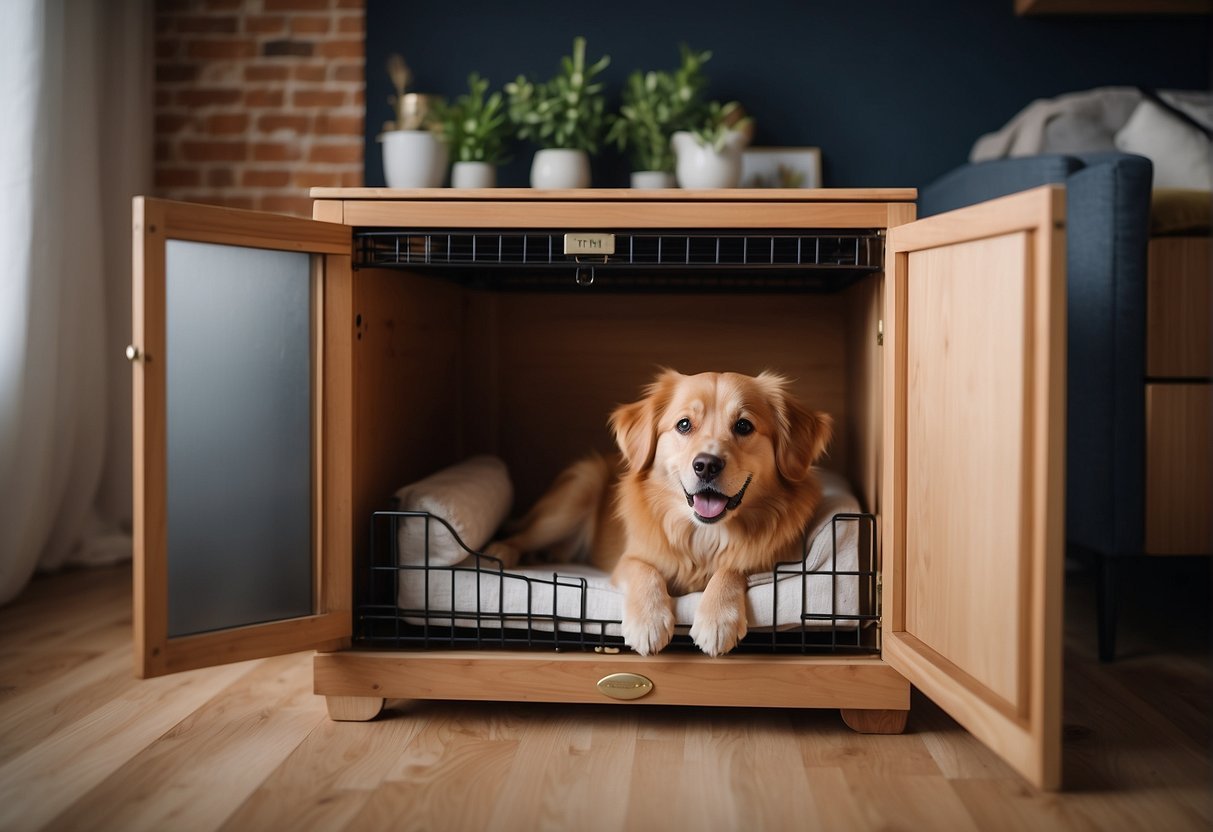 A person opens a stylish cabinet to reveal a cozy dog crate inside, surrounded by pet-friendly furniture