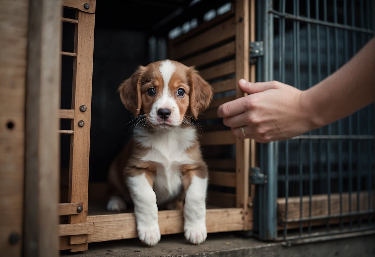 A puppy whines inside a crate, pawing at the door. Nearby, a frustrated owner tries to reassure the anxious dog